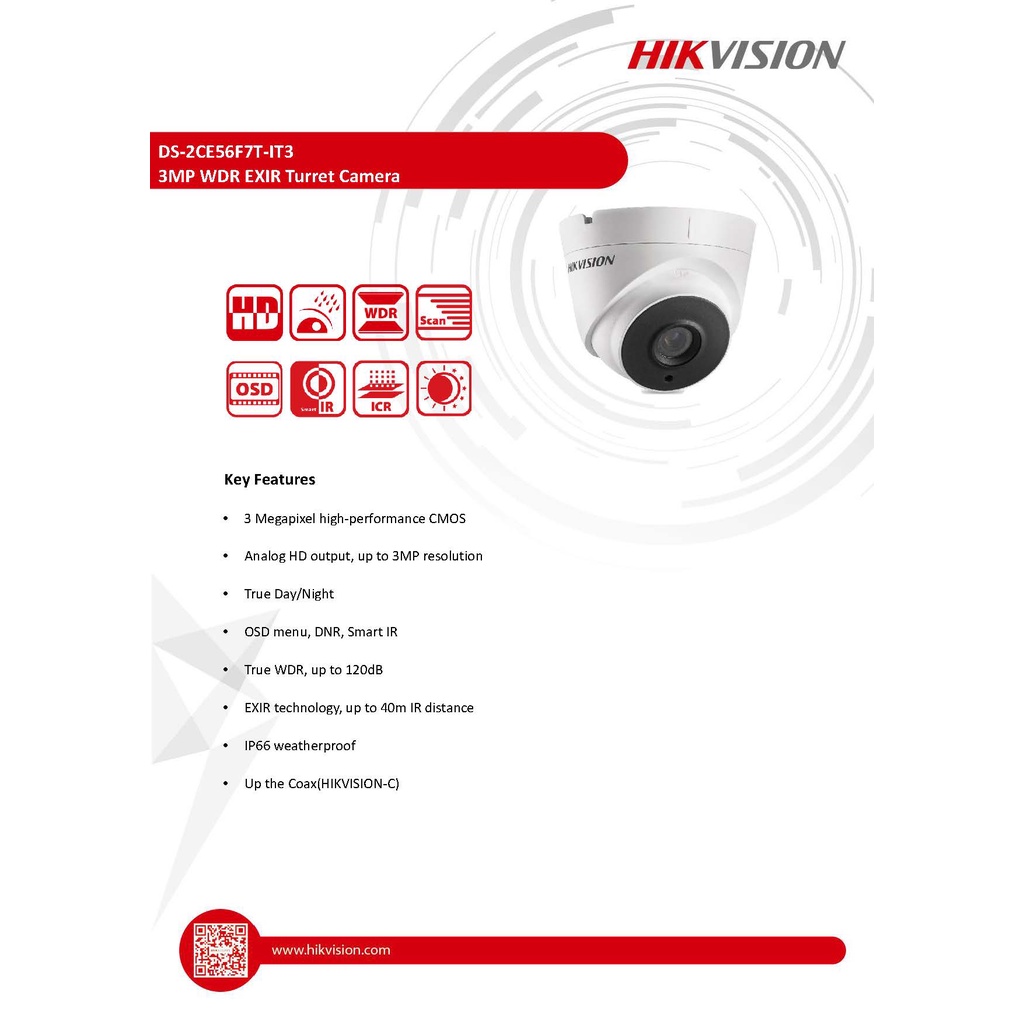 กล้องวงจรปิด Hikvision รุ่น DS-2CE56F7T-IT3 3MP WDR EXIR Turret Camera