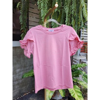 เสื้อยืดแขนสั้นระบาย ลายริ้วผ้านิ่มมาก