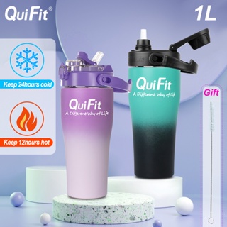 Quifit ขวดน้ําสุญญากาศ สเตนเลส มีฉนวนกันความร้อน พร้อมหลอด ไร้ BPA กันรั่วซึม ใช้ซ้ําได้ ขนาด 1 ลิตร สําหรับรถยนต์