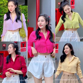 🔥aimorn_shop🔥เสื้อครอปปกเชิ้ต ดีเทลผ้าอัดยับ💜🧡❤️💛💚 งานฮิตตัวดัง สีสันสดใส สวยเกร๋ เเมทซ์ง่าย ใส่กับขาสั้นสวยมากๆ