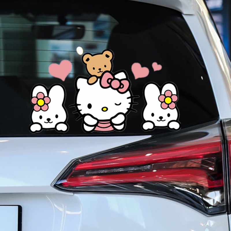 สติกเกอร์รถ Hello Kitty ตุ๊กตาหมีการ์ตูนน่ารักน่ารักตกแต่งสําหรับกระจกหน้าต่าง Trunk กันชนรถจักรยานยนต์