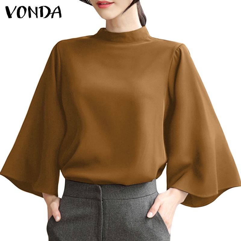 Vonda ผู ้ หญิงเกาหลีคอปกเรียบง ่ ายสีทึบ Flare Sleeve เสื ้ อหลวม