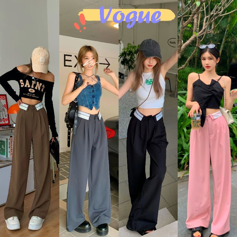 Vogue พร้อมส่ง กางเกงขายาวเอวสูง ดีเทลขอบเอวพับ ทรงกระบอกเล็ก ผ้าพริ้ว (D22)-NZ -N