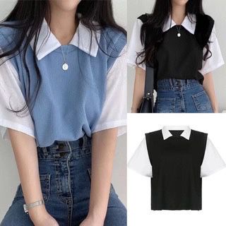 ผู้หญิงเกาหลี สไตล์สบาย สีทึบ แขนสั้น เสื้อโปโล