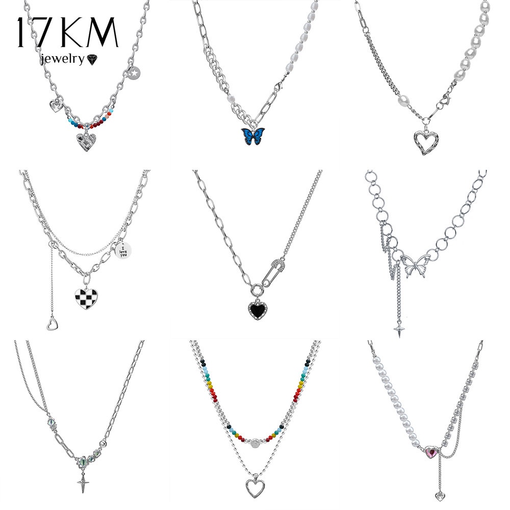 17กม. แฟชั่น Y2K สร้อยคอเงิน สําหรับผู้หญิง จี้หัวใจ คริสตัล พลอย โซ่ โช้คเกอร์ เครื่องประดับ อุปกรณ์เสริม