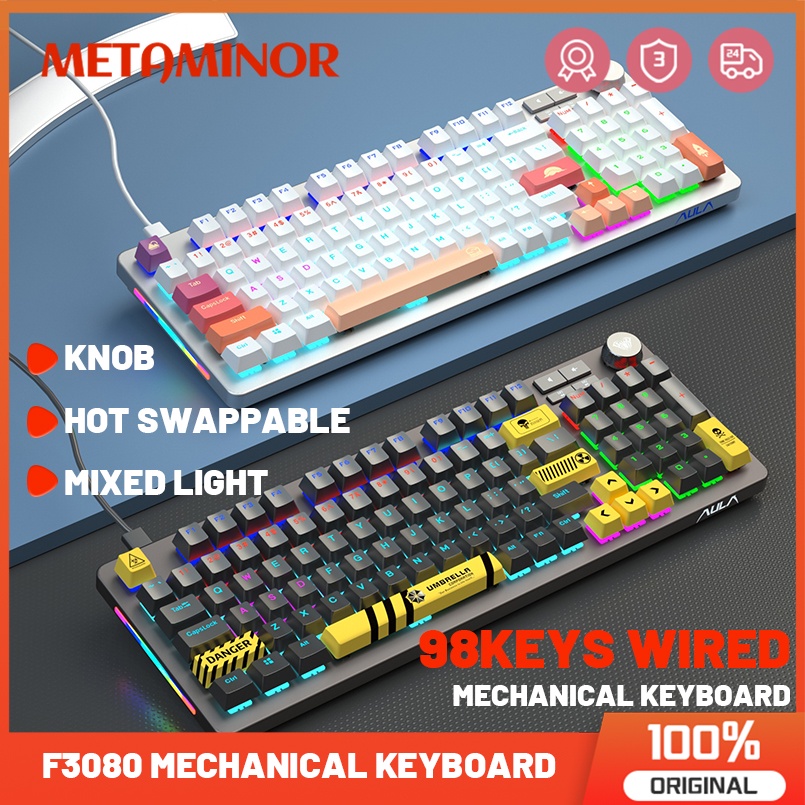 Aula F3080 Gaming Mechanical Keyboard 98keys Hot Swap พร้อม Knob Mixed Llight OUTEMU Switch สําหรับพีซี