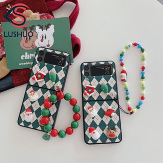 Lushuo เคสโทรศัพท์มือถือ ลายตารางคริสต์มาส พร้อมสายคล้องมือ สําหรับ Samsung Galaxy Z Flip 3 5G Z Flip 4 Z Flip3 ZFlip3 ZFlip 3 4 Z Flip4 ZFlip4