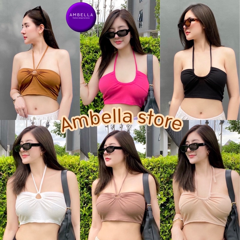 Ambella พร้อมส่ง ครอปผ้าร่อง ผูกคอ เสื้อสั้นคล้องคอ เสื้อแฟชั่นผู้หญิงหลากสี