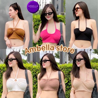 💜Ambella💜พร้อมส่ง ครอปผ้าร่อง ผูกคอ เสื้อสั้นคล้องคอ เสื้อแฟชั่นผู้หญิงหลากสี