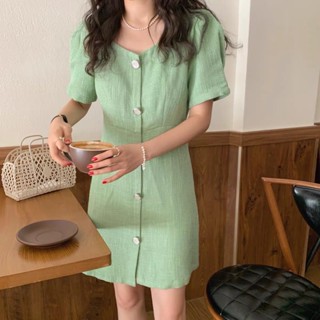 Daralista♡︎ (SD01) Greenish Dress มินิเดรสสีเขียว เดรสสั้น เดรสทำงาน เดรสแขนตุ๊กตา