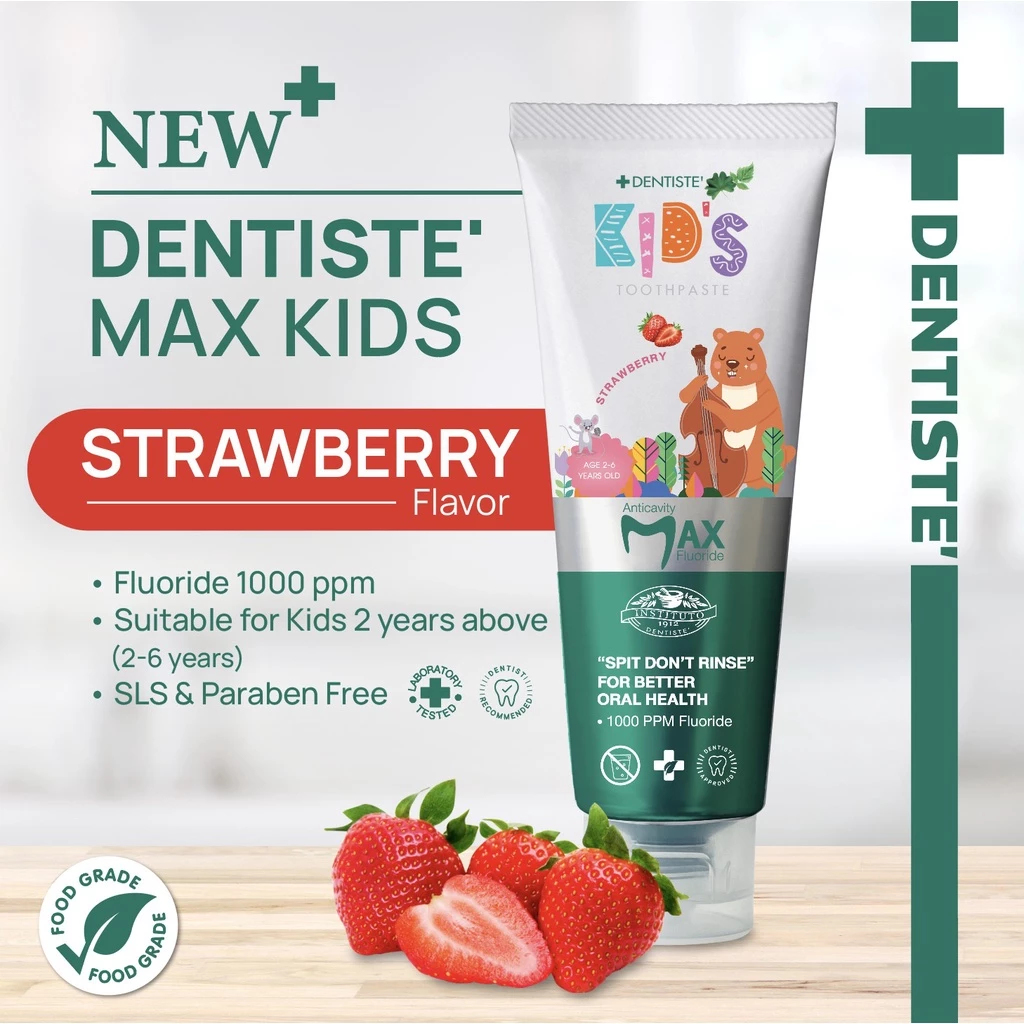 Dentiste' ยาสีฟันแปรงแห้งเด็ก อายุ 2-6 ปี ขนาด 20 / 60 กรัม Kids Toothpaste Strawberry Flavor ฟลูออไรด์ 1000PPM thumbnail 4