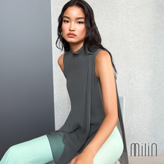 [MILIN] Villa Top Sheer chiffon ribbon on shoulder high neck sleeveless tunic เสื้อแขนกุดผ้าชีฟองคอสูงดีเทลสายยาว