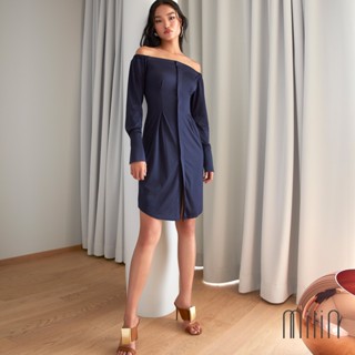 [MILIN] Savells Dress Off shoulder long ruched sleeve draped waist midi dress เดรสสั้นเปิดไหล่แขนยาวกระดุมซ่อนด้านหน้า