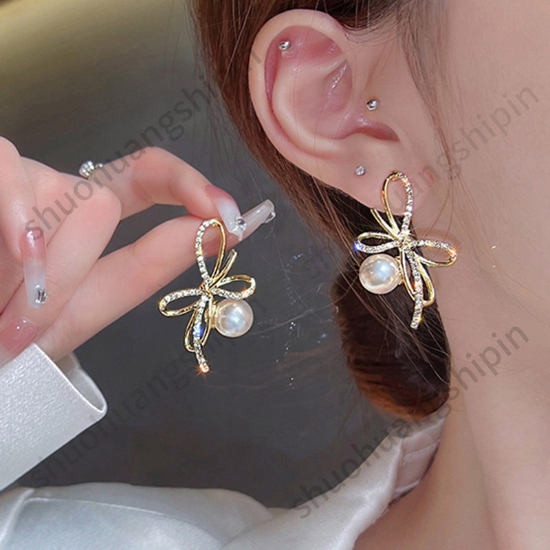 ต่างหูแฟชั่น รูปโบว์ เรขาคณิต ประดับมุก พลอยเทียม สไตล์เกาหลี ญี่ปุ่น - รูปที่ 3