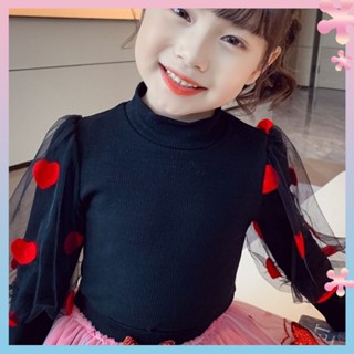 Girls autumn and winter bottoming shirt 2021 New girls mesh bubble sleeve love embroidered top childrens bottoming shirt