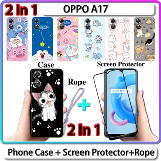 2 IN 1 เคส OPPO A17 เคส พร้อมกระจกนิรภัย โค้ง ป้องกันหน้าจอ เซรามิค ลายแมว และโดราเอมอน