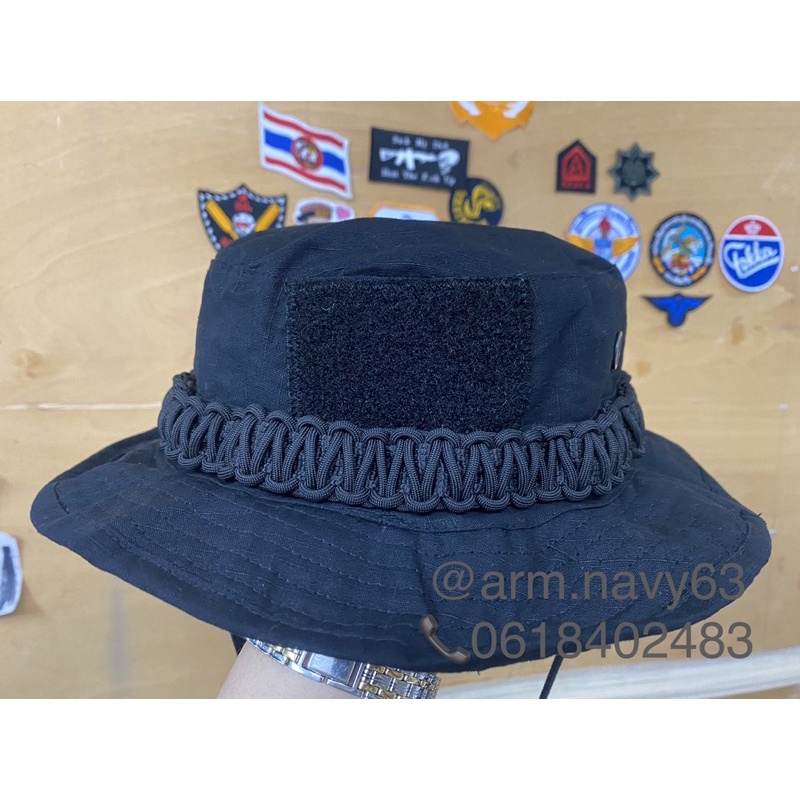 หมวกปีก สั้นสีดำ หมวกปีกถักเชือกพาราคอร์ดสีดำ ติดตีนตุ๊กแกหน้าหมวกขนาดรอบหัว58-60ชม และลายพรางอื่นๆ#สินค้ามีพร้อมส่ง