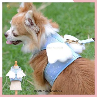 Glitter Pooch ชุดรัดอก สายจูง เสื้อผ้า สุนัข, หมา, แมว, สัตว์เลี้ยง พร้อม สายจูง รุ่น Dotty Angel Wing Blue