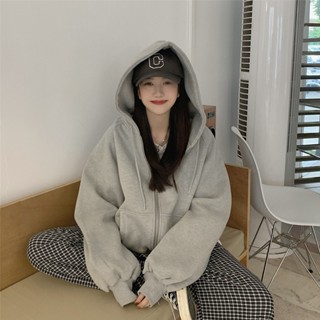 Winter new plush thickened grey hooded coat for women 2021 new Korean students loose large sweater