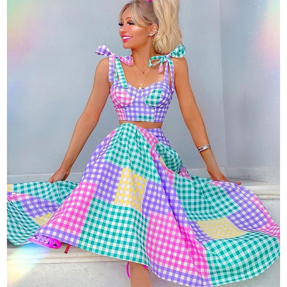 2021 Sexy Colorful Plaid Bikini Set High Waist Swimwear Shoulder