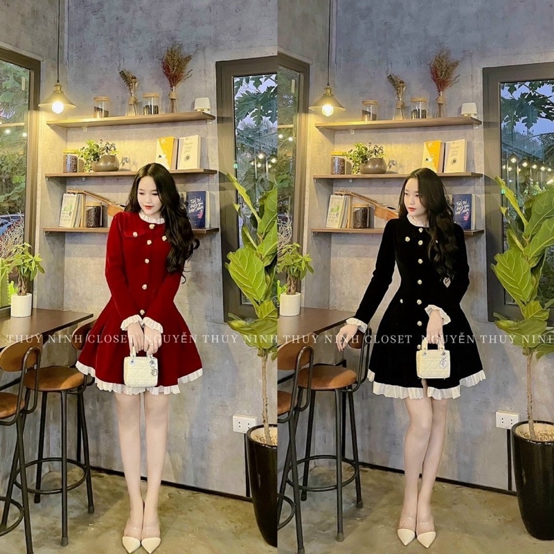 ชุดเดรสแฟชั่นผู้หญิงใส่ออกไปข้างนอกผ้ากํามะหยี่แข็งมีกระดุมปกสีขาวชายบานสีดําแดงแขนยาว