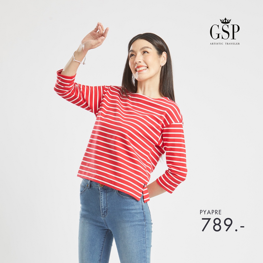 GSP woman's Tee shirt Lucky stripes เสื้อยืด แขนสามส่วน สีแดงริ้วขาว PYAPRE