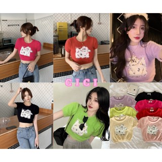 Cici ❣🇹🇭🚚พร้อมส่ง❣(A1272-1)เสื้อครอปแขนสั้น ขนมิ้งลายหมาขนปุย🦮