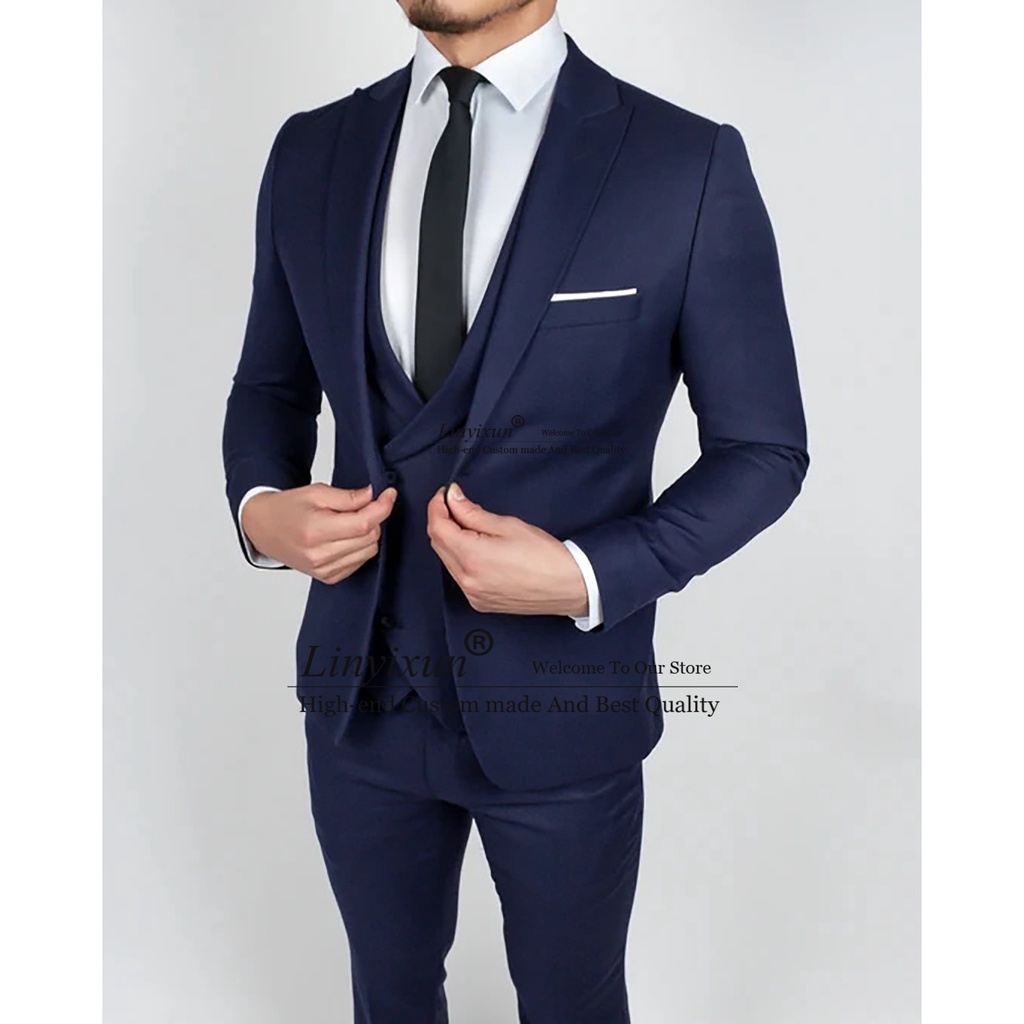Casual Navy Blue Mens Suits Professional Business Blazer Slim Wedding Groom Tuxedo 3 Piece Jacket Vest Pants Set Terno M #2
