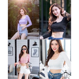 🎊mnv_shop🎊 พร้อมส่ง 👗🛍ครอปแต่งกระดุมหน้า แขนยาว ครอปเก๋ น่ารัก ผ้ายืดใส่สบายไม่ร้อนนะ ผ้าร่องเล็ก สาวๆไม่ควรพลาดฮิตสุดๆ😘