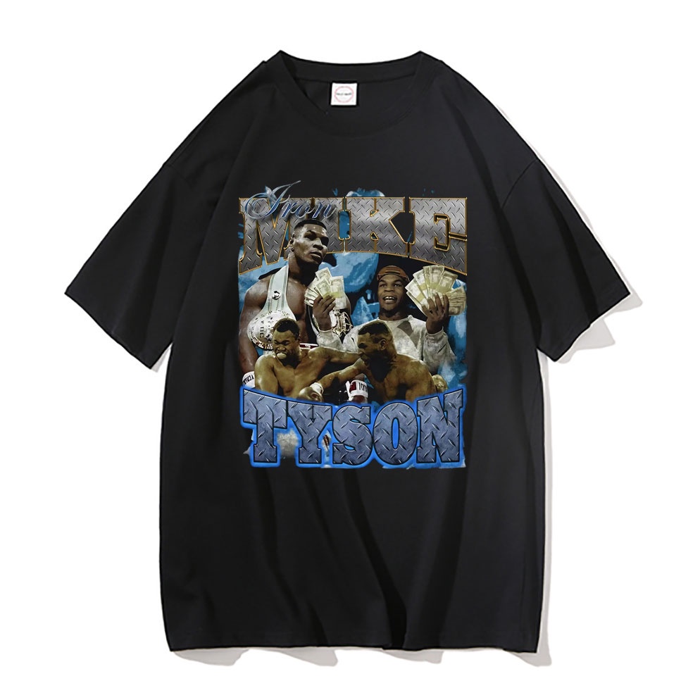 เสื้อยืดผู้ชาย ใหม่ เสื้อยืดแขนสั้น พิมพ์ลาย Iron Mike Fight Club Legend Mike Tyson สีดํา สําหรับผู้