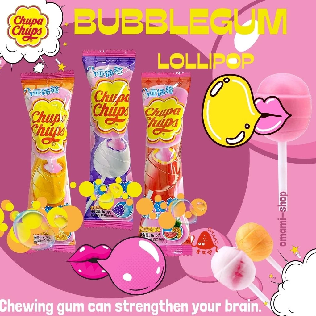 อมยิ้มสอดไส้หมากฝรั่ง ยี่ห้อจูปาจุ๊ปส์ chupa chups (1ชิ้น/16.8g) มีหลายรส หมากฝรั่ง อมยิ้มทานเล่น ขนมแปลกๆ