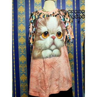 เสื้อยืดโอเวอร์ไซส์ ลายสกรีนหน้าแมว คอกลม แขนสั้น สีส้มมัดย้อม แต่งเลื่อมระย้า twi2e 120-290 อกถึง46 ยาว31