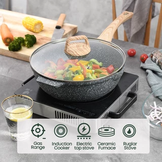 Ecowin กระทะพร้อมฝาปิด สีดำ การเคลือบหินทางการแพทย์ ไม่ติด เหมาะกับเตาทุกประเภท ขนาด 24/28/30/32