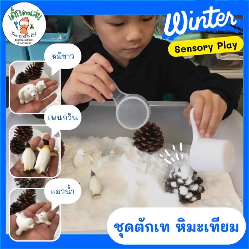 ชุดหิมะเทียม sensory play Montessori กิจกรรมตักๆเทๆ sensorybin +เซตโมเดลสัตว์ขั้วโลก 6ตัว หิมะเทียมสำเร็จ ไม่ต้องผสมเอง