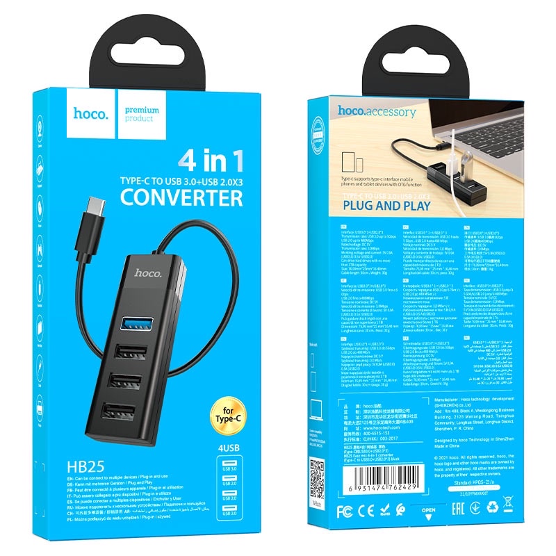 (HB25) Hoco​ 4in1 ​HUB​ USB​ รองรับ​3.0​ HUB​ Type-C​ แท้100%