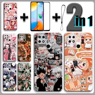 2 IN 1 เคสเซรามิค กันรอยหน้าจอ พร้อมกระจกนิรภัย ลายการ์ตูนอนิเมะ สําหรับ Redmi 10C