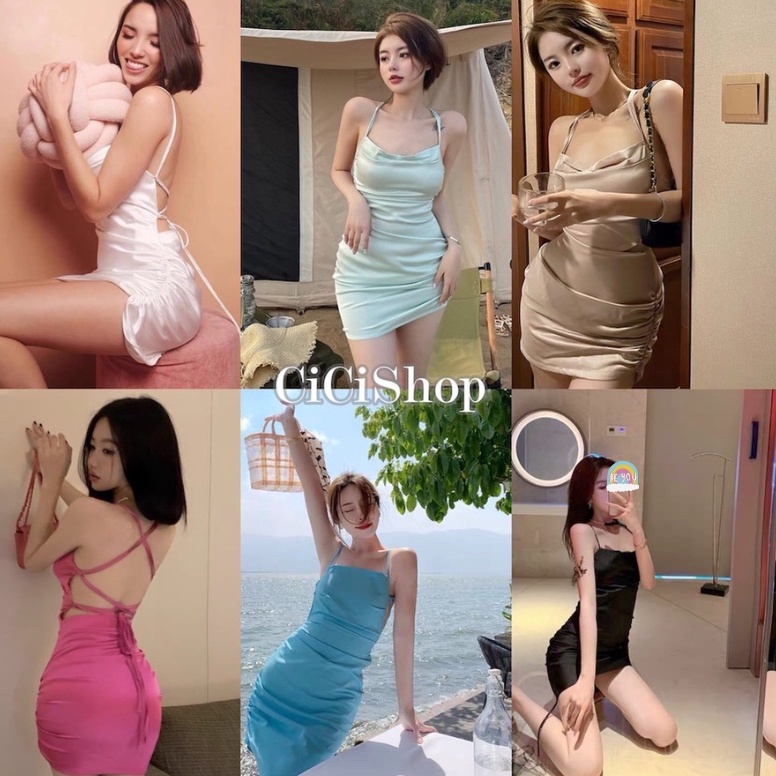Cicishop(พร้อมส่ง)Satin dress✨ เดรสสั้นซาตินสายไขว้ผูกหลัง ทรงแซ่บปังสุดๆ Q2180