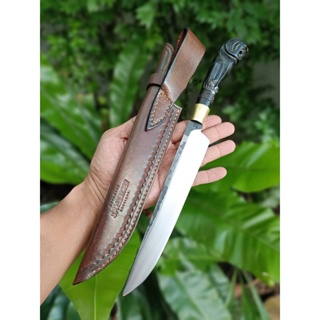 มีดแคมป์ มีดเชฟ มีดแล่ Butcher chef knife มีดพก มีดเดินป่า ใบ 8” เหล็ก German 4034 ต้านสนิม ด้ามเขาควายแกะเสือ ซองหนัง