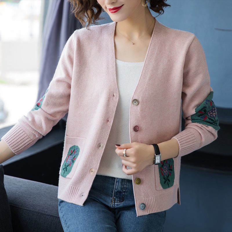 Casual Loose Short Knit Cardigan Women Vintage Single-breasted Sweater Coat With Pockets Korean Style Spring thin Knit J #3