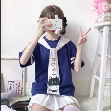 เสื้อกะลาสีโบว์หน้าแมว (กรม ขาว)