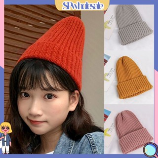 (SPwholesale) หมวกบีนนี่ ผ้าถัก แบบหนา สีพื้น แฟชั่นฤดูใบไม้ร่วง และฤดูหนาว สําหรับผู้ชาย และผู้หญิง