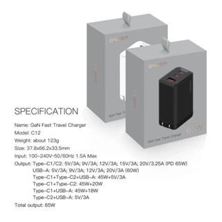 Eloop C12 GaN หัวชาร์จเร็ว 3 พอร์ต PD 65W QC 4.0 Adapter อแดปเตอร์ หัวชาร์จ Type C Notebook Laptop ของแท้100%