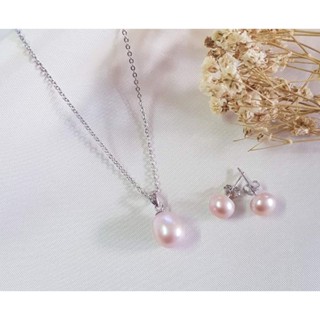 Set มุกแท้น้ำจืด (Freshwater Pearl) สร้อย+จี้+ต่างหูมุกแท้ สีชมพู ขนาดมุก7-8mm.สร้อยคอเงินแท้ ยาว18นิ้ว