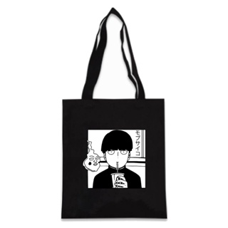 Mingyuan Mob Psycho 100 Shigeo กระเป๋าผ้าใบ ทรงโท้ท สีดํา สีขาว เหมาะกับการพกพาเดินทาง ช้อปปิ้ง ของขวัญ DIY สําหรับผู้หญิง