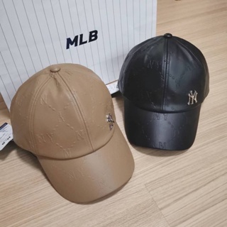 พร้อมส่งสีดำ MLB dia monogram Embo leather ball cap หมวกหนัง MLB logo สแตนเลสด้านข้าง