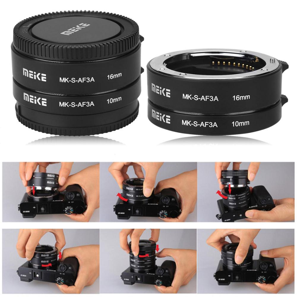Meike MK-S-AF3A Auto Focus Macro Extension Tube 10 มม.16 มม.สําหรับ Sony E-Mount FE-Mount A7 NEX-F3 NEX-6 NEX-7 NEX-5T A6300 A6500