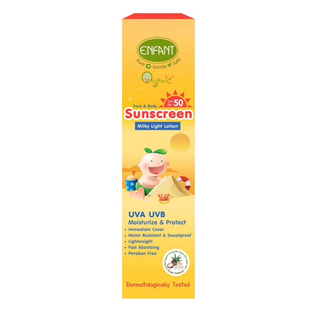 Enfant (อองฟองต์) Organic Plus Face & Body Sunscreen Milky Lotion SPF 50 PA+++ โลชั่นกันแดดสูตรอ่อนโ