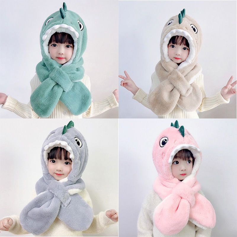 Winter Warm Children's hat scarf one-piece hat baby fleece-lined ear protection hat cartoon dinosaur windproof hat for boys and girls
