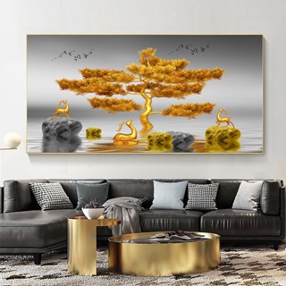 Golden Elk Ginkgo Tree Stone โปสเตอร์ภาพวาด สําหรับตกแต่งผนังบ้าน