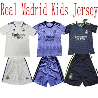 เสื้อกีฬาแขนสั้น ลายทีมฟุตบอล Real Madrid 2223 Real Madrid Home Away 3rd พร้อมกางเกง สําหรับเด็กทุกเพศ ไซซ์ 16-28